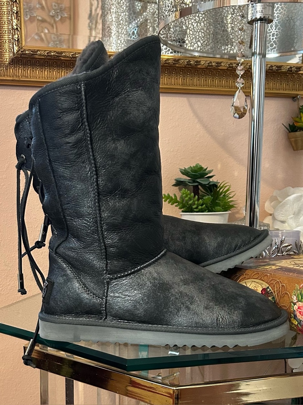 NWOT Australia Luxe Collective Gray Leather Lace Up Back Fur Boots Size 11